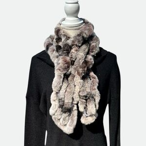 🌻Rex Rabbit Fur Natural Brown/Grey Soft Plush Ruffle Scarf (Genuine Fur)